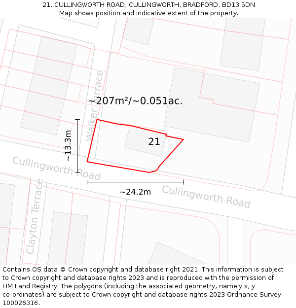 21, CULLINGWORTH ROAD, CULLINGWORTH, BRADFORD, BD13 5DN: Plot and title map