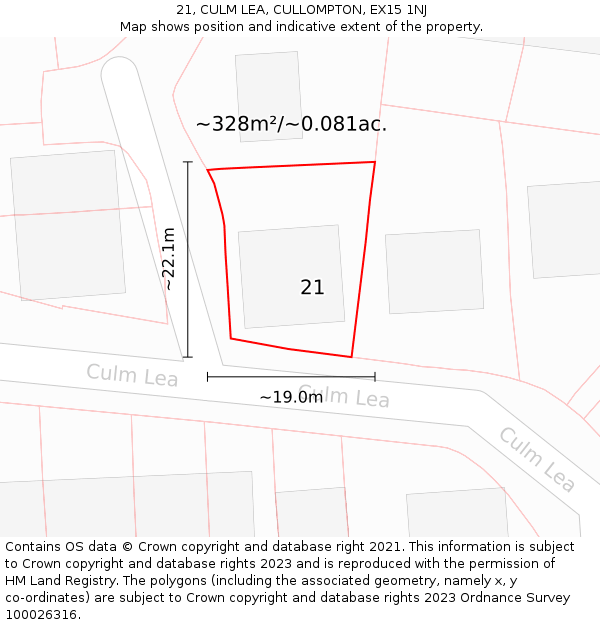 21, CULM LEA, CULLOMPTON, EX15 1NJ: Plot and title map