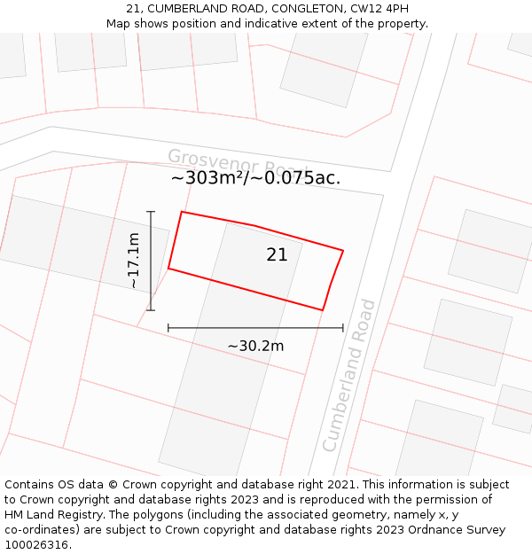 21, CUMBERLAND ROAD, CONGLETON, CW12 4PH: Plot and title map