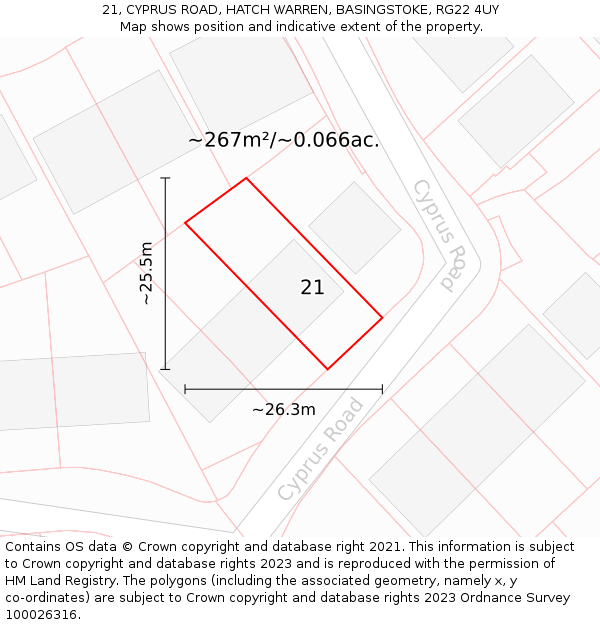 21, CYPRUS ROAD, HATCH WARREN, BASINGSTOKE, RG22 4UY: Plot and title map
