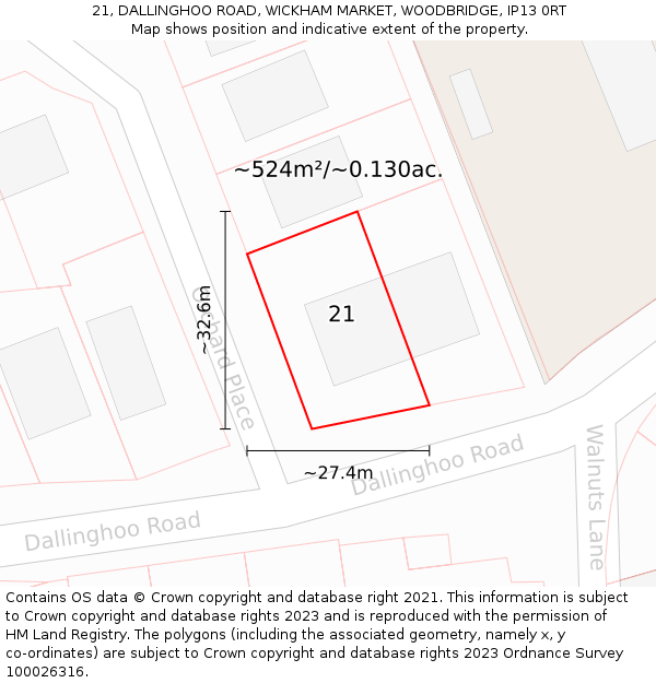 21, DALLINGHOO ROAD, WICKHAM MARKET, WOODBRIDGE, IP13 0RT: Plot and title map