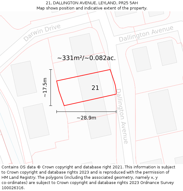 21, DALLINGTON AVENUE, LEYLAND, PR25 5AH: Plot and title map