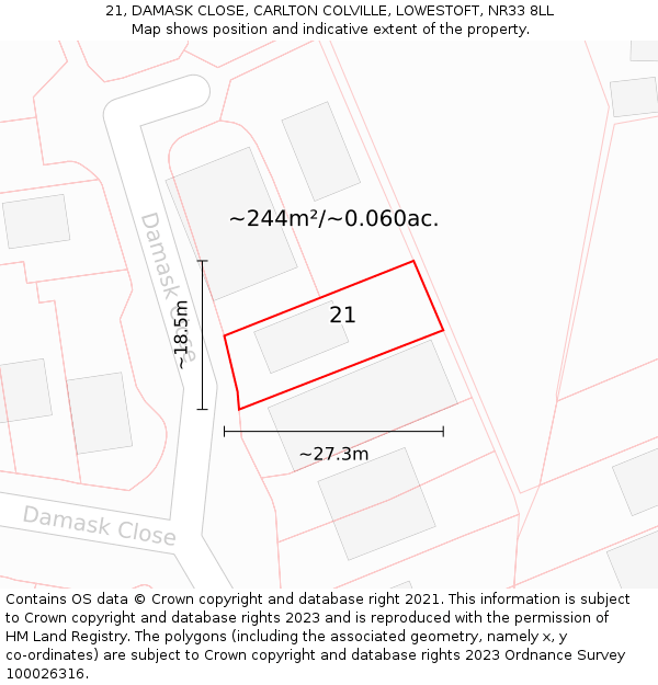21, DAMASK CLOSE, CARLTON COLVILLE, LOWESTOFT, NR33 8LL: Plot and title map