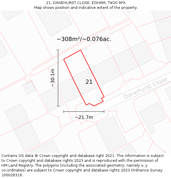21, DANEHURST CLOSE, EGHAM, TW20 9PX: Plot and title map