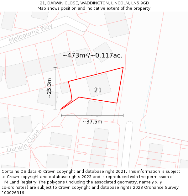 21, DARWIN CLOSE, WADDINGTON, LINCOLN, LN5 9GB: Plot and title map