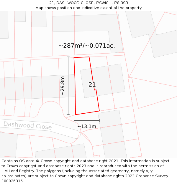 21, DASHWOOD CLOSE, IPSWICH, IP8 3SR: Plot and title map