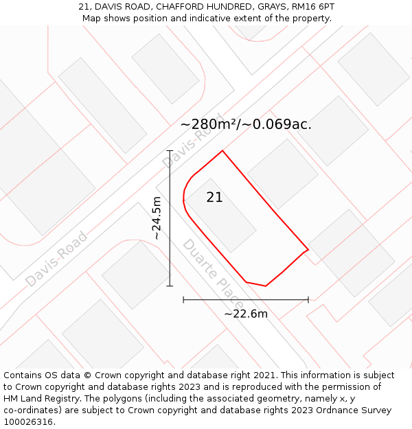 21, DAVIS ROAD, CHAFFORD HUNDRED, GRAYS, RM16 6PT: Plot and title map