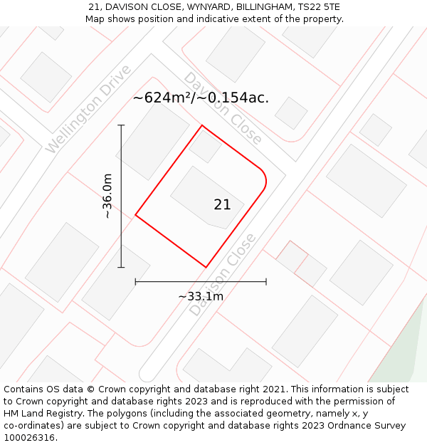 21, DAVISON CLOSE, WYNYARD, BILLINGHAM, TS22 5TE: Plot and title map
