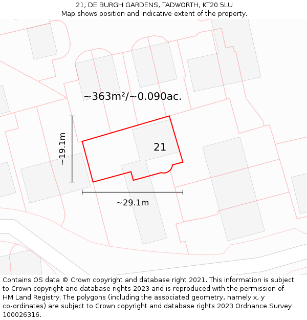 21, DE BURGH GARDENS, TADWORTH, KT20 5LU: Plot and title map