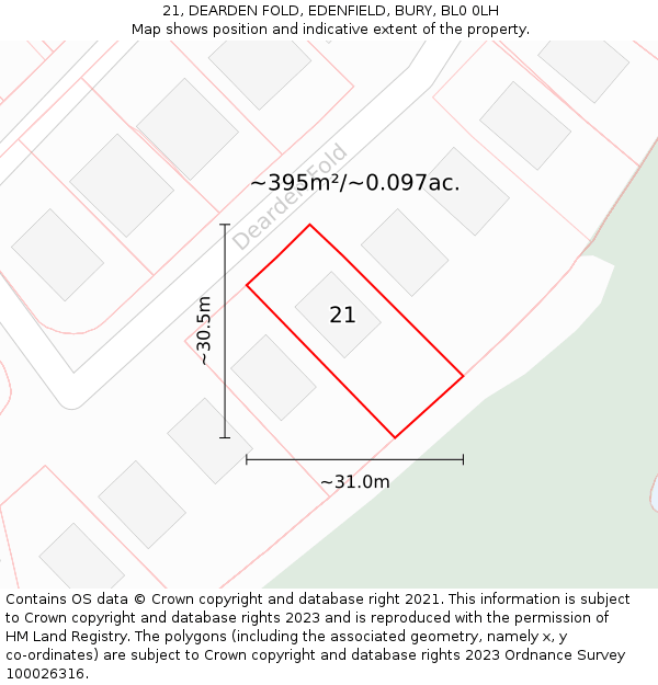 21, DEARDEN FOLD, EDENFIELD, BURY, BL0 0LH: Plot and title map