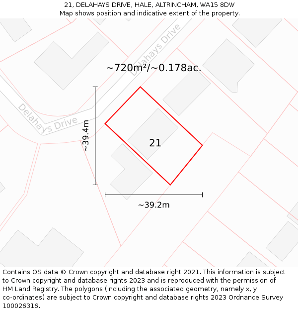 21, DELAHAYS DRIVE, HALE, ALTRINCHAM, WA15 8DW: Plot and title map