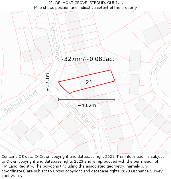 21, DELMONT GROVE, STROUD, GL5 1UN: Plot and title map