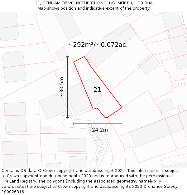 21, DENHAM DRIVE, NETHERTHONG, HOLMFIRTH, HD9 3HA: Plot and title map