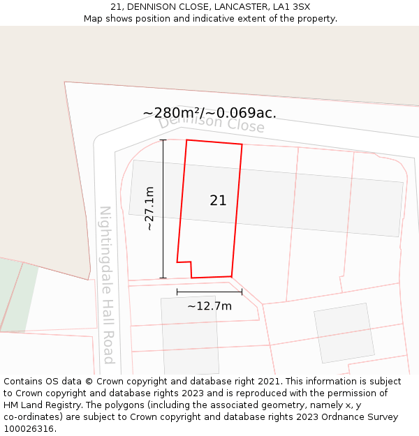21, DENNISON CLOSE, LANCASTER, LA1 3SX: Plot and title map