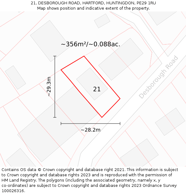 21, DESBOROUGH ROAD, HARTFORD, HUNTINGDON, PE29 1RU: Plot and title map