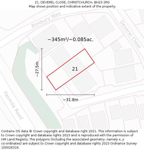 21, DEVEREL CLOSE, CHRISTCHURCH, BH23 2RG: Plot and title map