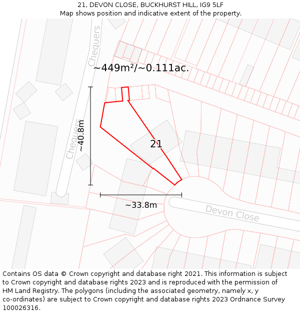 21, DEVON CLOSE, BUCKHURST HILL, IG9 5LF: Plot and title map