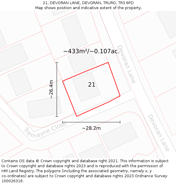 21, DEVORAN LANE, DEVORAN, TRURO, TR3 6PD: Plot and title map