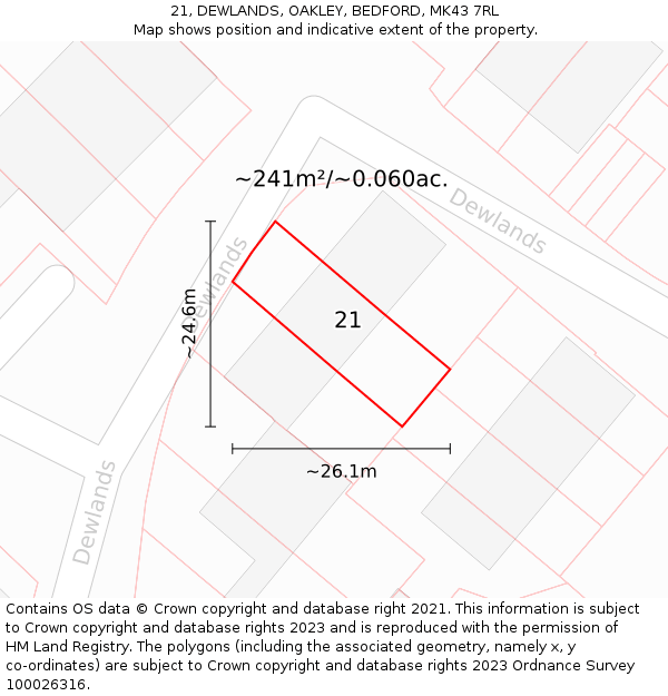 21, DEWLANDS, OAKLEY, BEDFORD, MK43 7RL: Plot and title map