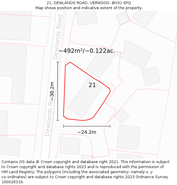 21, DEWLANDS ROAD, VERWOOD, BH31 6PQ: Plot and title map