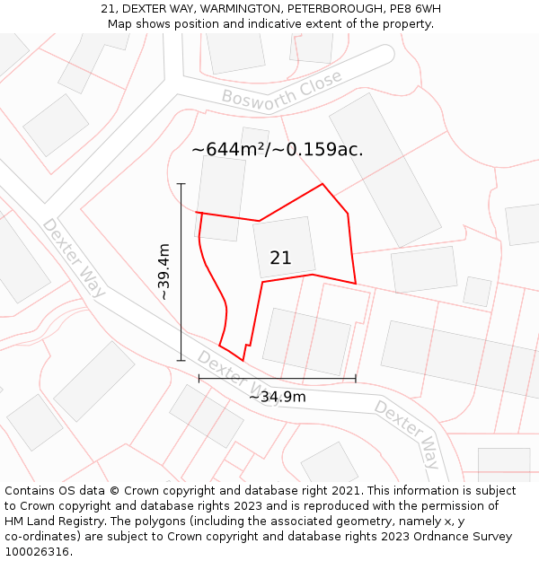 21, DEXTER WAY, WARMINGTON, PETERBOROUGH, PE8 6WH: Plot and title map