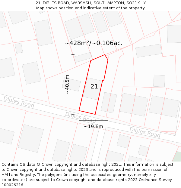 21, DIBLES ROAD, WARSASH, SOUTHAMPTON, SO31 9HY: Plot and title map