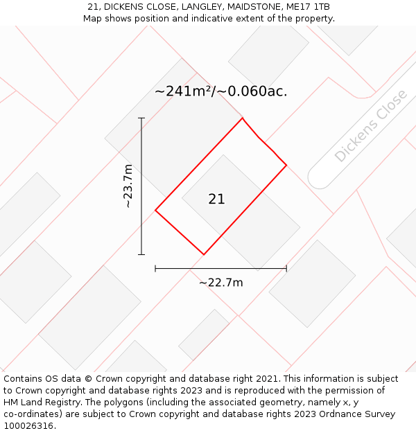 21, DICKENS CLOSE, LANGLEY, MAIDSTONE, ME17 1TB: Plot and title map
