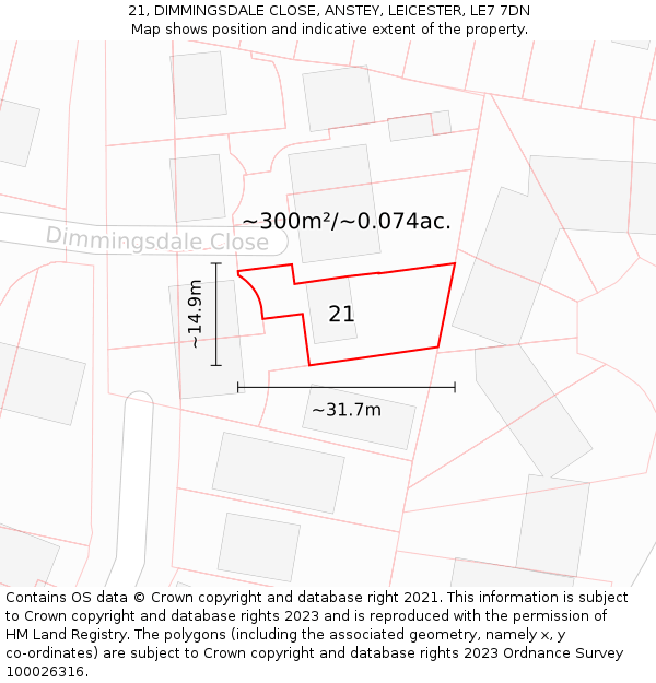 21, DIMMINGSDALE CLOSE, ANSTEY, LEICESTER, LE7 7DN: Plot and title map