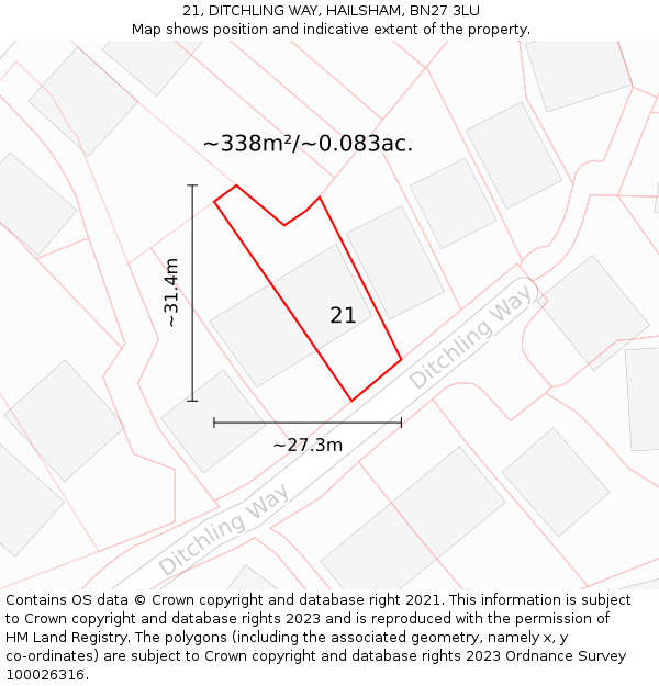 21, DITCHLING WAY, HAILSHAM, BN27 3LU: Plot and title map