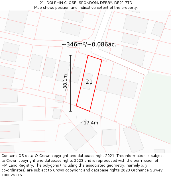 21, DOLPHIN CLOSE, SPONDON, DERBY, DE21 7TD: Plot and title map