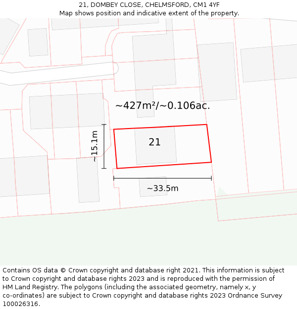 21, DOMBEY CLOSE, CHELMSFORD, CM1 4YF: Plot and title map