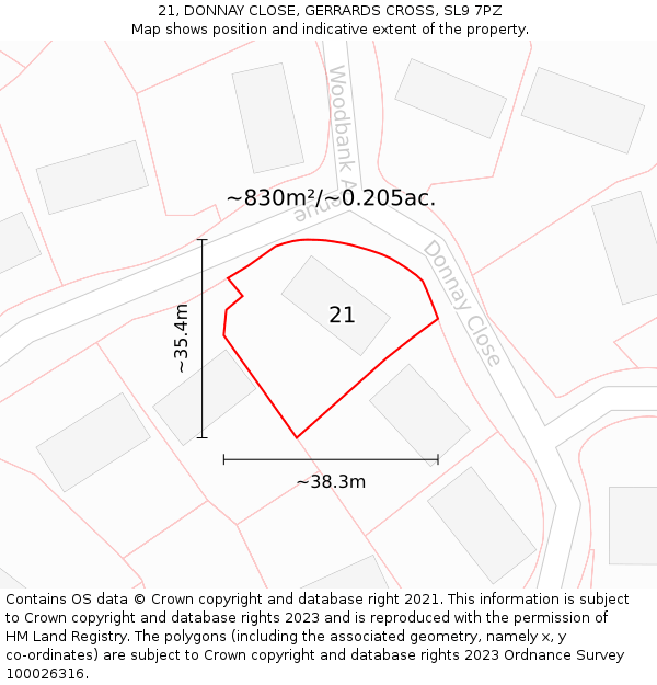 21, DONNAY CLOSE, GERRARDS CROSS, SL9 7PZ: Plot and title map