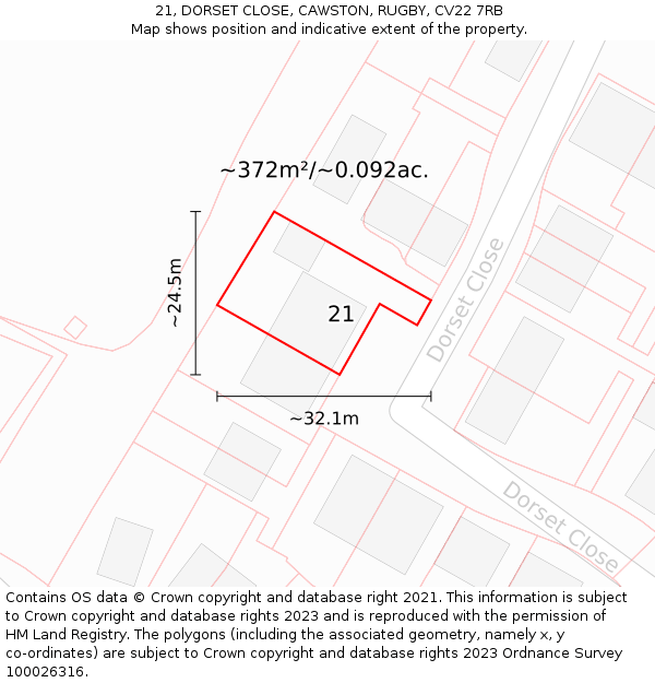 21, DORSET CLOSE, CAWSTON, RUGBY, CV22 7RB: Plot and title map
