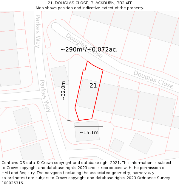21, DOUGLAS CLOSE, BLACKBURN, BB2 4FF: Plot and title map
