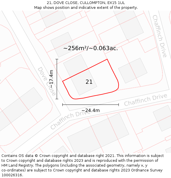 21, DOVE CLOSE, CULLOMPTON, EX15 1UL: Plot and title map