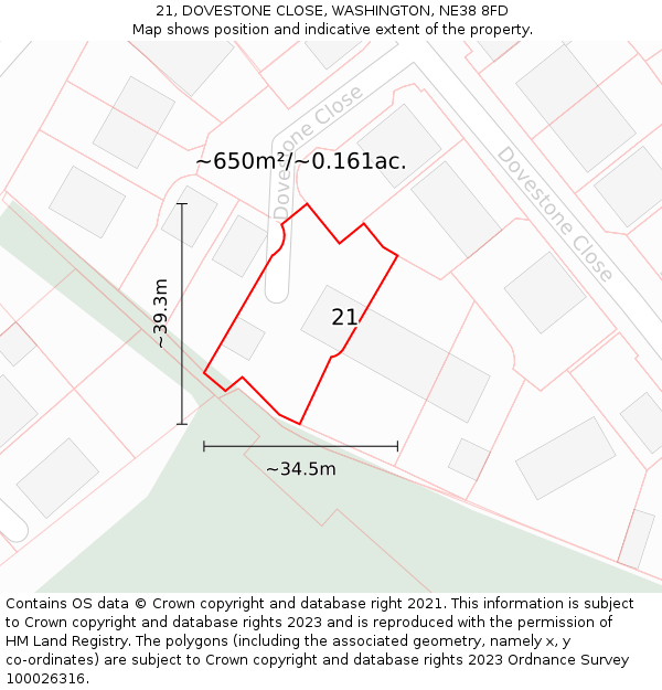 21, DOVESTONE CLOSE, WASHINGTON, NE38 8FD: Plot and title map