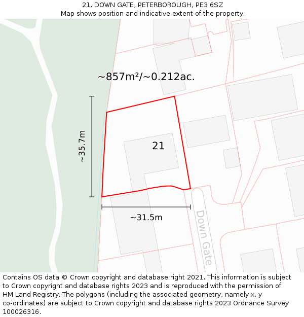 21, DOWN GATE, PETERBOROUGH, PE3 6SZ: Plot and title map