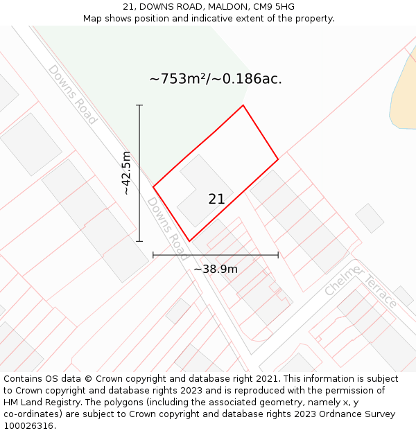 21, DOWNS ROAD, MALDON, CM9 5HG: Plot and title map