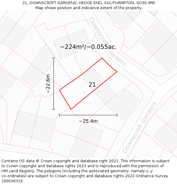 21, DOWNSCROFT GARDENS, HEDGE END, SOUTHAMPTON, SO30 4RR: Plot and title map