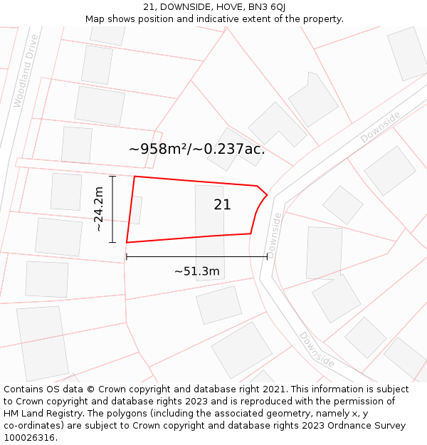 21, DOWNSIDE, HOVE, BN3 6QJ: Plot and title map