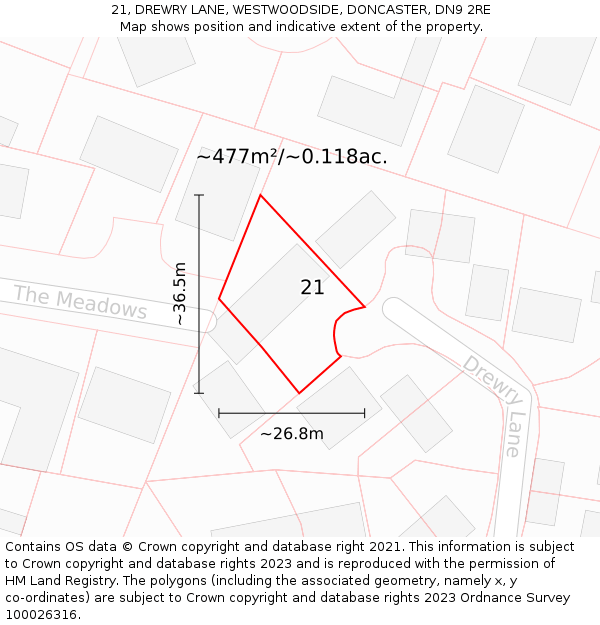 21, DREWRY LANE, WESTWOODSIDE, DONCASTER, DN9 2RE: Plot and title map