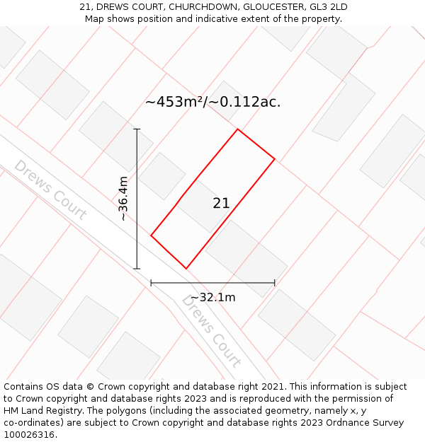 21, DREWS COURT, CHURCHDOWN, GLOUCESTER, GL3 2LD: Plot and title map