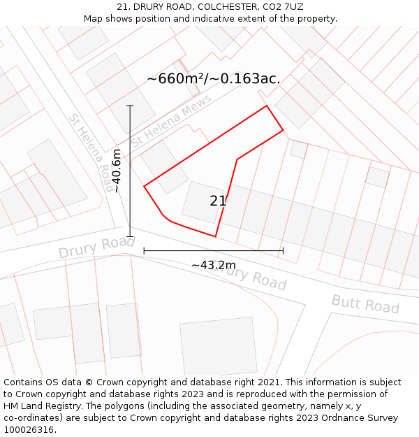 21, DRURY ROAD, COLCHESTER, CO2 7UZ: Plot and title map