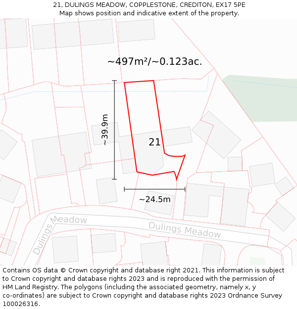 21, DULINGS MEADOW, COPPLESTONE, CREDITON, EX17 5PE: Plot and title map