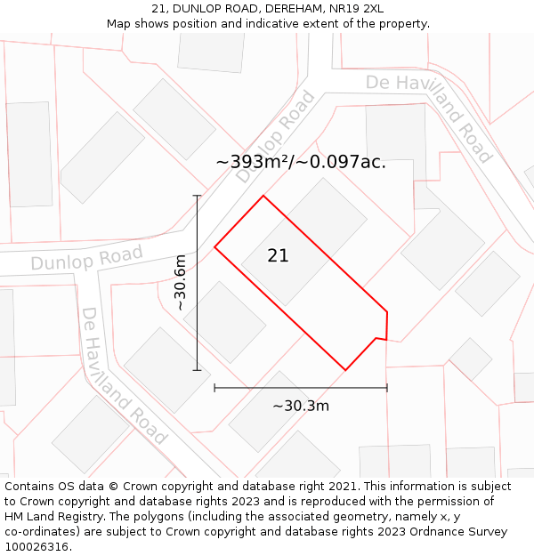 21, DUNLOP ROAD, DEREHAM, NR19 2XL: Plot and title map