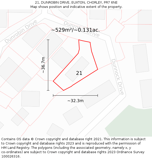 21, DUNROBIN DRIVE, EUXTON, CHORLEY, PR7 6NE: Plot and title map
