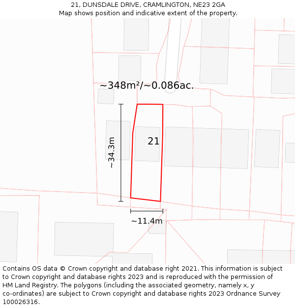 21, DUNSDALE DRIVE, CRAMLINGTON, NE23 2GA: Plot and title map