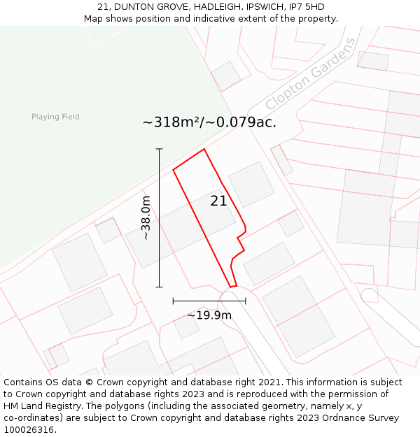 21, DUNTON GROVE, HADLEIGH, IPSWICH, IP7 5HD: Plot and title map
