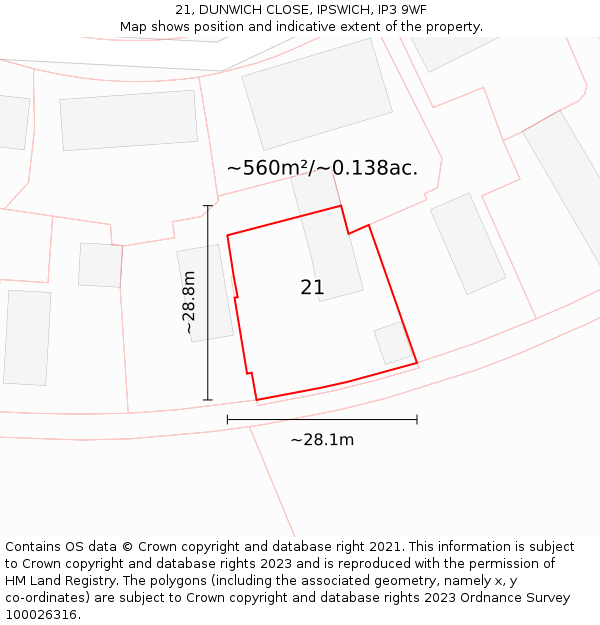 21, DUNWICH CLOSE, IPSWICH, IP3 9WF: Plot and title map