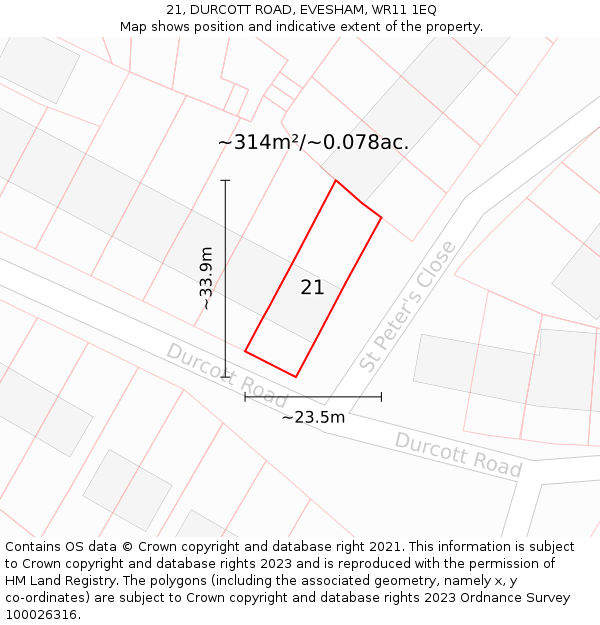 21, DURCOTT ROAD, EVESHAM, WR11 1EQ: Plot and title map